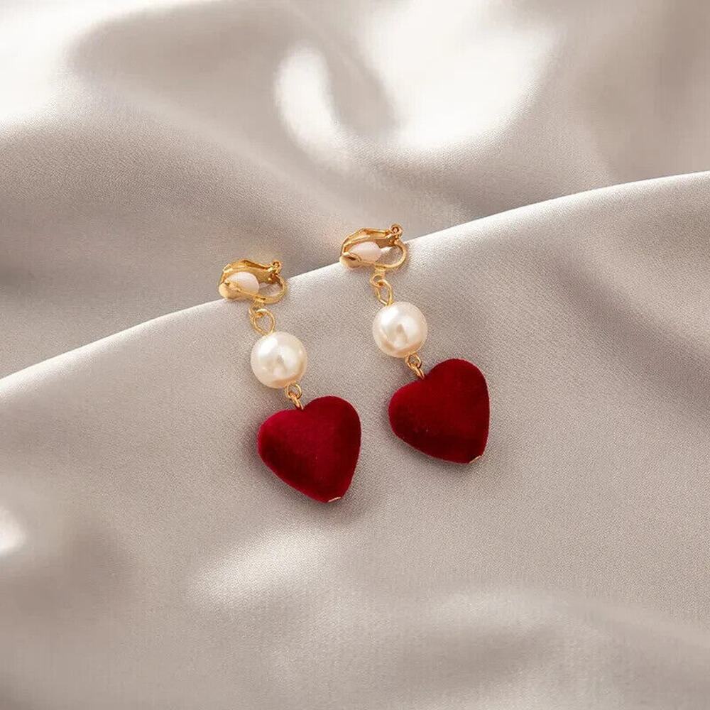 Lufei Red Heart Shape Pearl Dangly Clip On Earrings Boho Alloy Chic Elegant